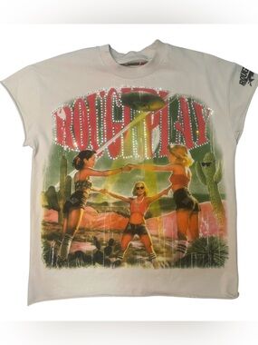 Sz M Rough Play Graphic stone Tee with Desert Girls and UFO cut off sleeve